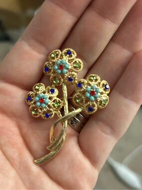 Gold-Tone Floral Bouquet Brooch with Multicolor Gem Accents
